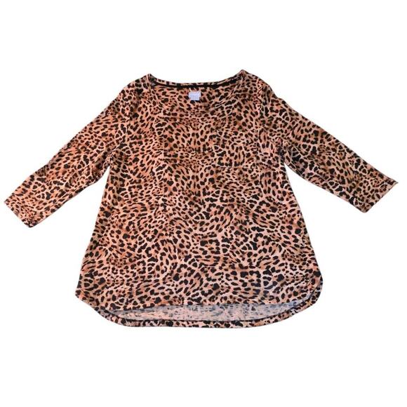 Chico's Top Women Sz 2 US L/12 Animal Print 3/4 Sleeve Scoop Neck Round Hi-lo - Picture 1 of 7